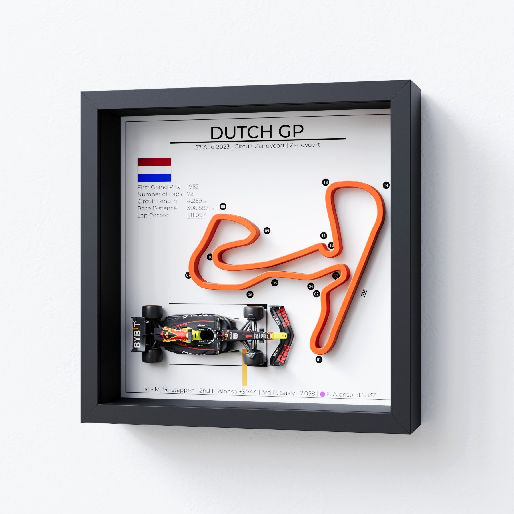 Grand Prix F1 wall decor - frame with Dutch 2023 GP with Max Verstappen car